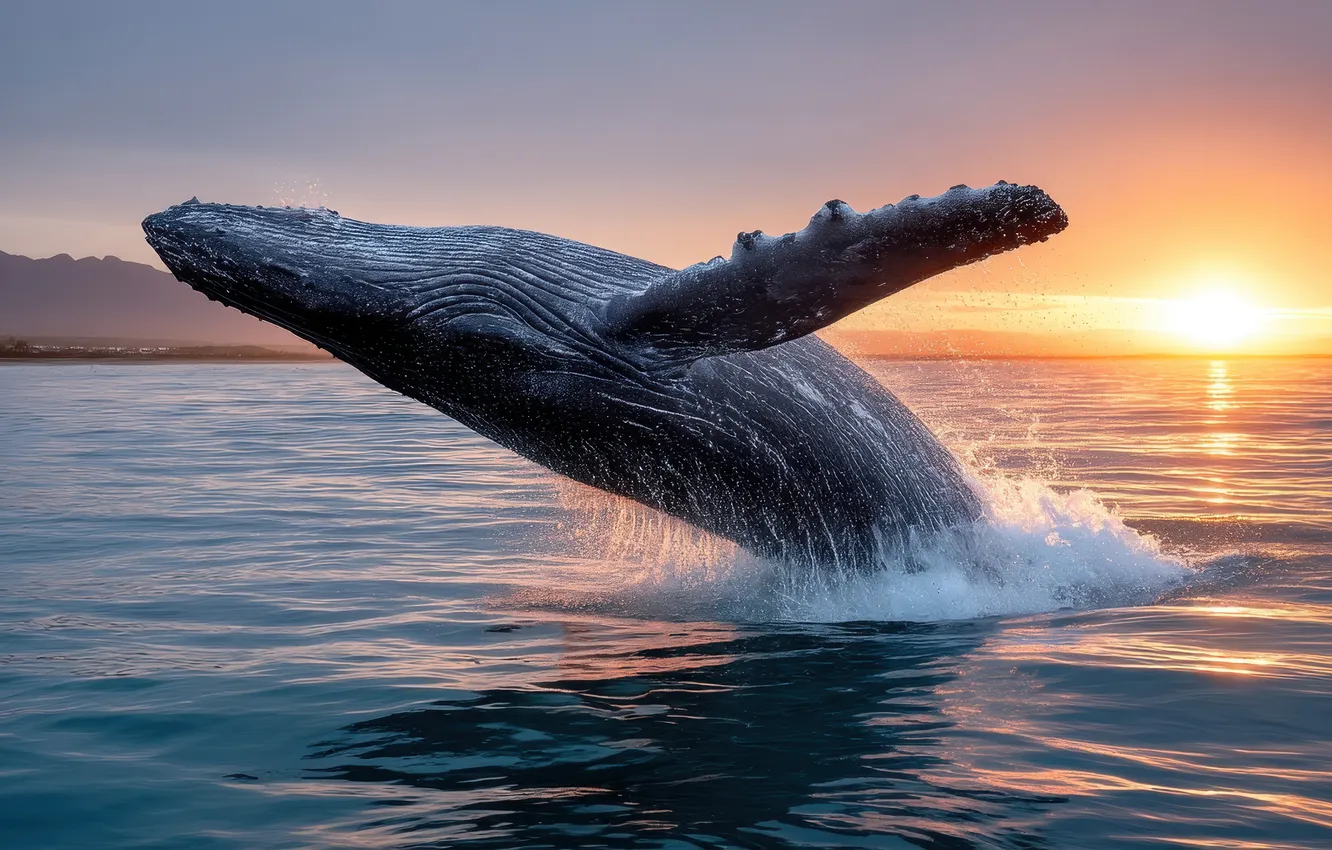 Photo wallpaper sea, the sun, sunset, pose, jump, kit, humpback whale, AI art