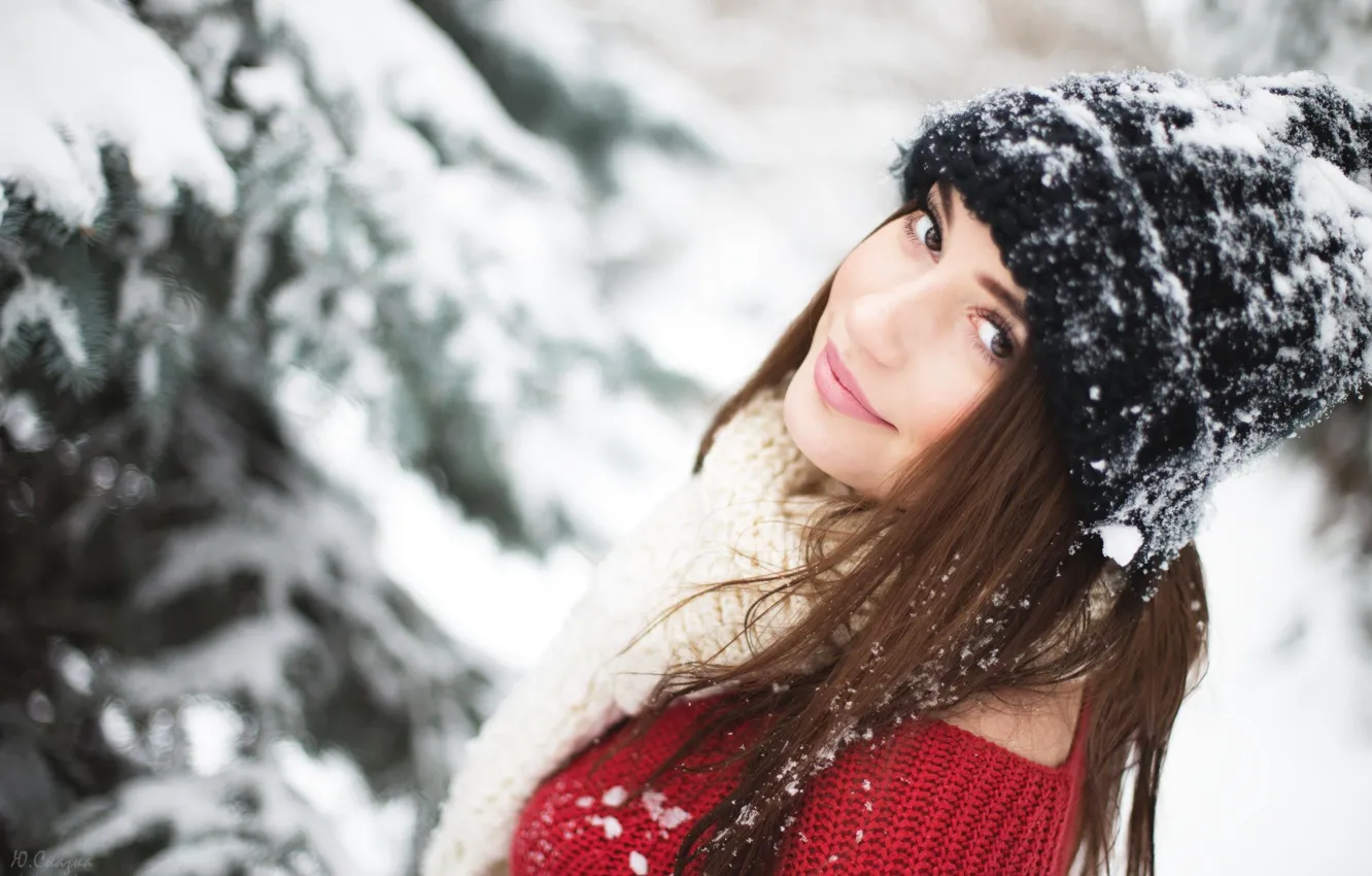 Photo wallpaper winter, look, girl, snow, trees, pose, smile, hat