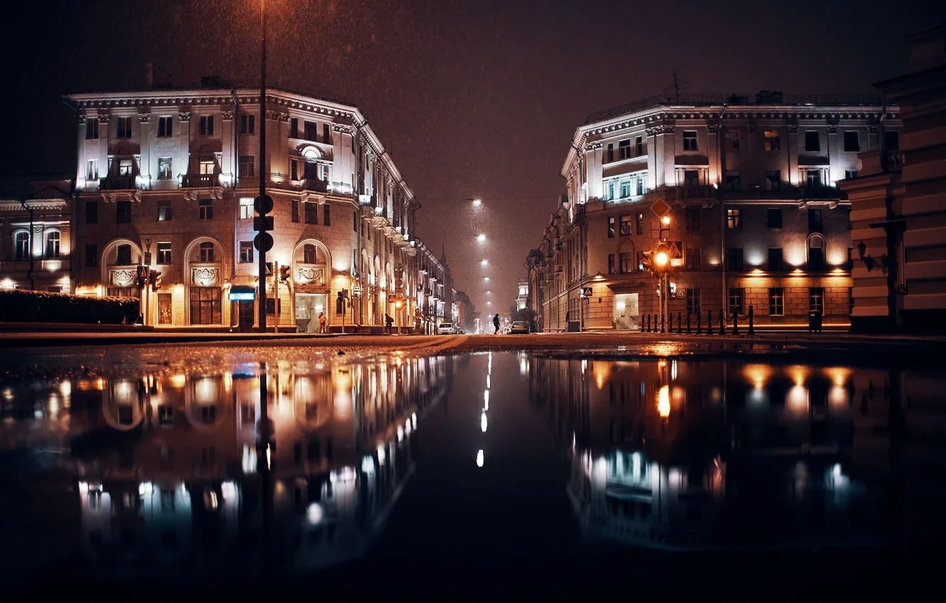 Photo wallpaper road, snow, night, reflection, lamp, puddles, Belarus, Minsk