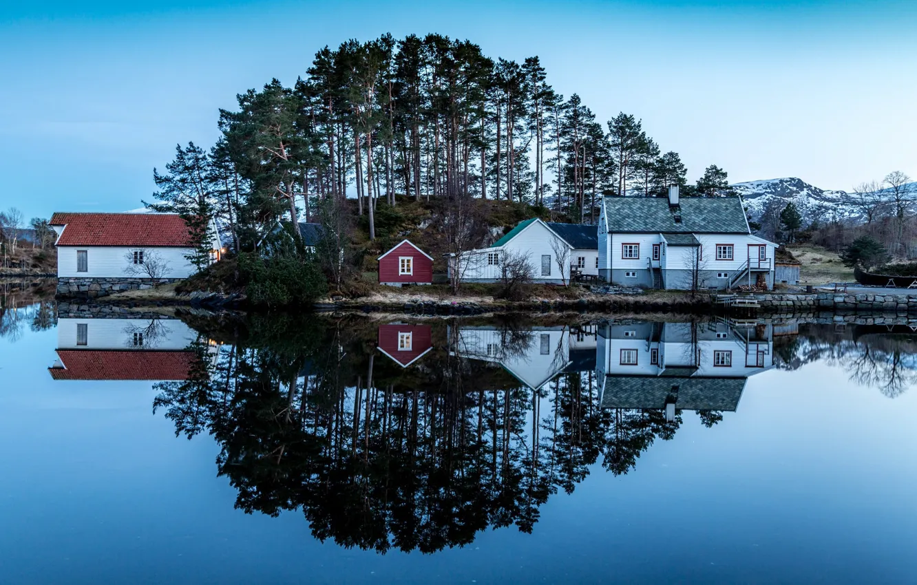 Photo wallpaper water, trees, reflection, Norway, houses, Norway, Ålesund, More and Romsdal