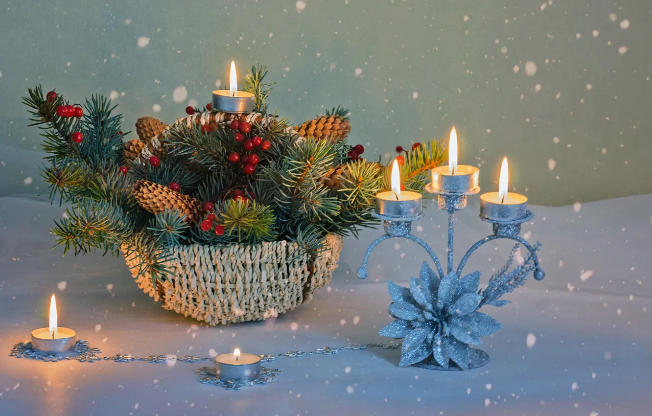 Photo wallpaper snowflakes, branches, fire, holiday, basket, candles, Christmas, New year
