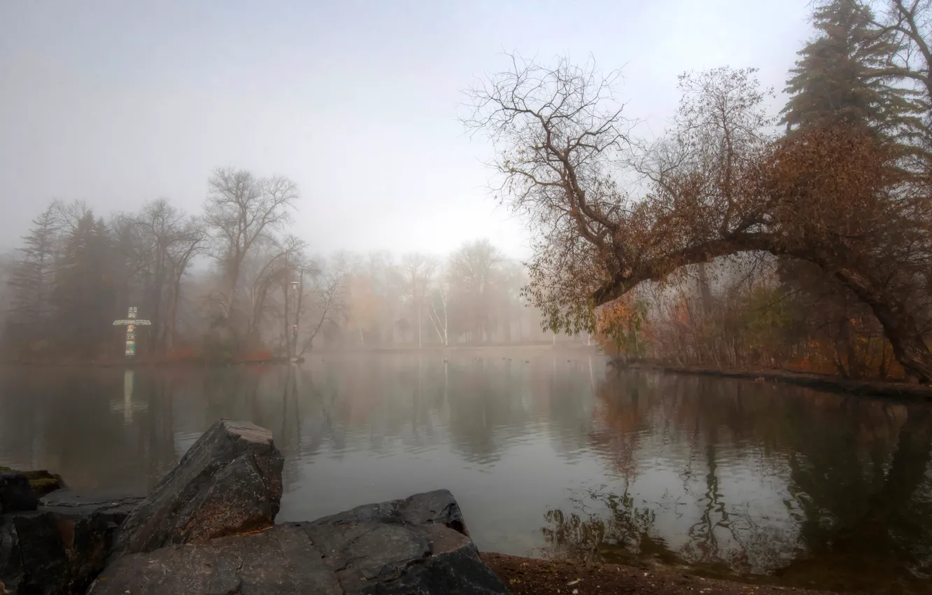 Photo wallpaper autumn, trees, fog, pond, Park, stone