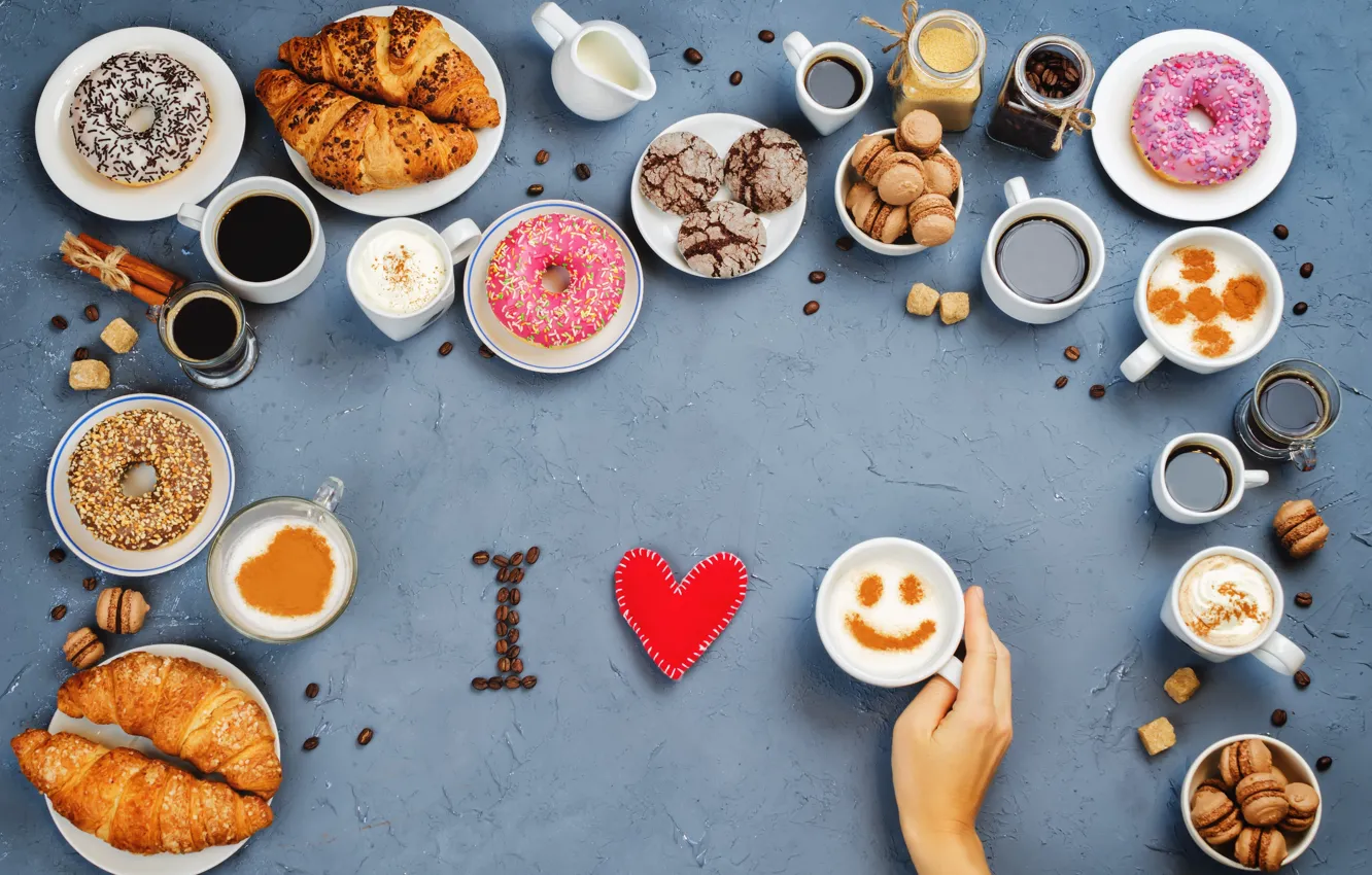 Photo wallpaper coffee, cookies, sweets, donuts, love, I love you, heart, cakes