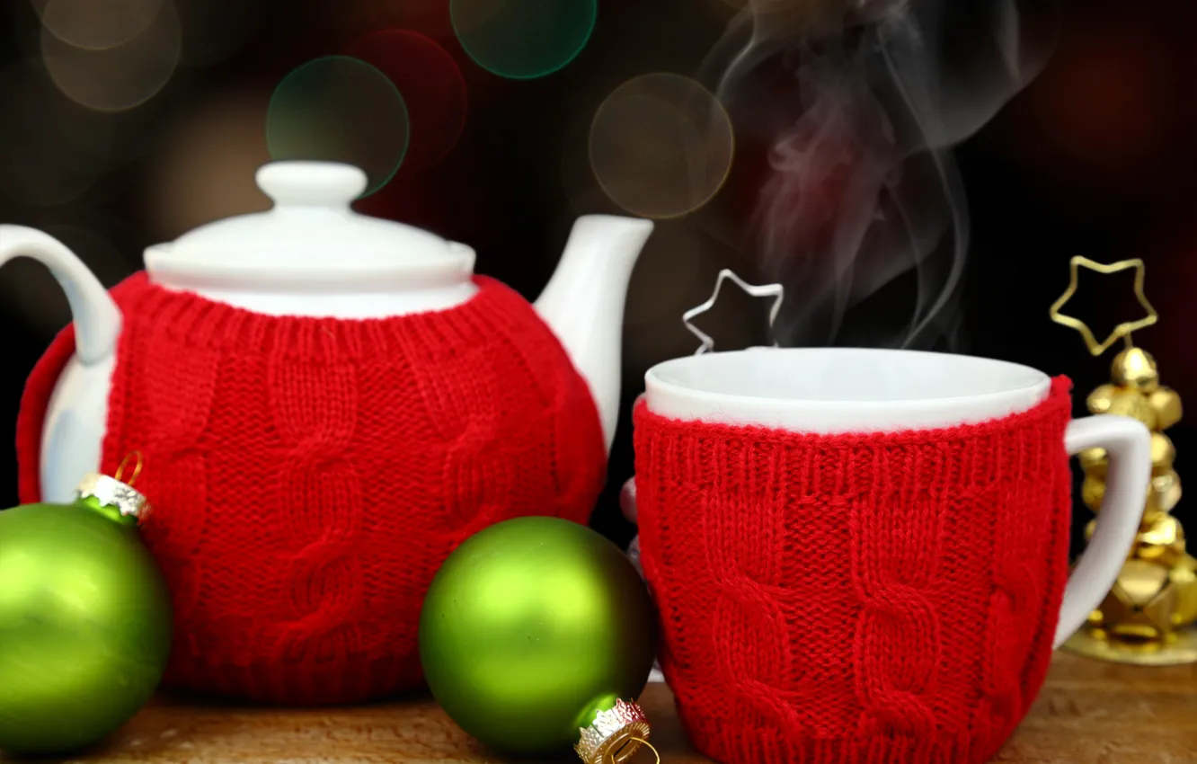 Photo wallpaper decoration, balls, tea, New Year, kettle, Christmas, Cup, happy