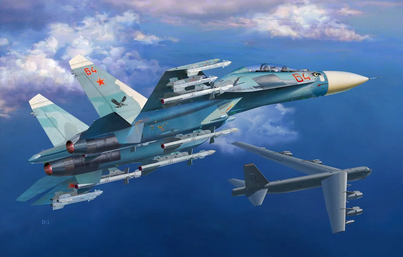 Photo wallpaper USAF, Su-27, Su-27UB, B-52 Stratofortress