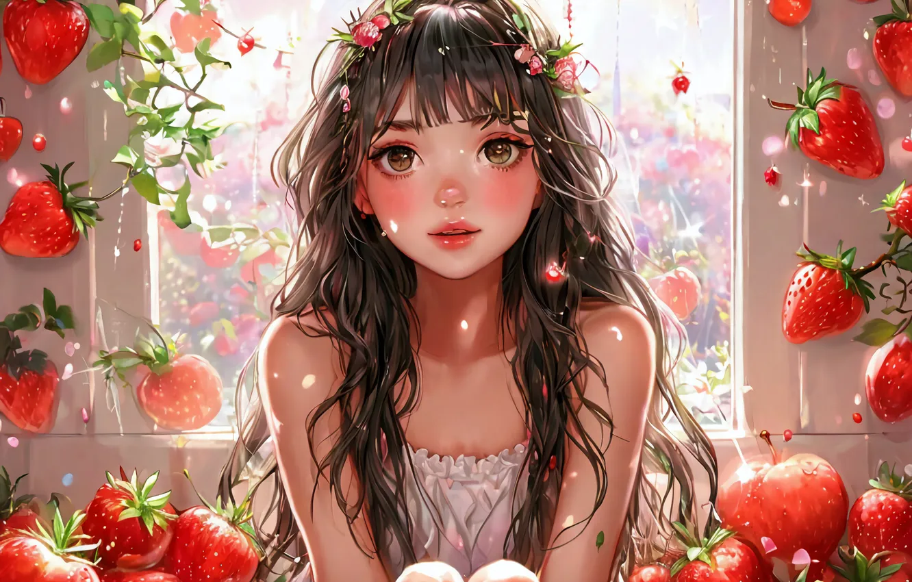 Photo wallpaper girl, red, anime, strawberry, art, girl, pink, Anime Girl
