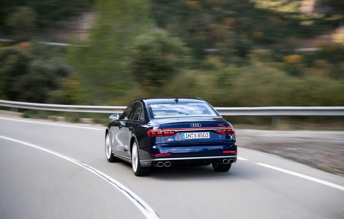 Photo wallpaper blue, movement, Audi, sedan, rear view, Audi A8, Audi S8, 2020