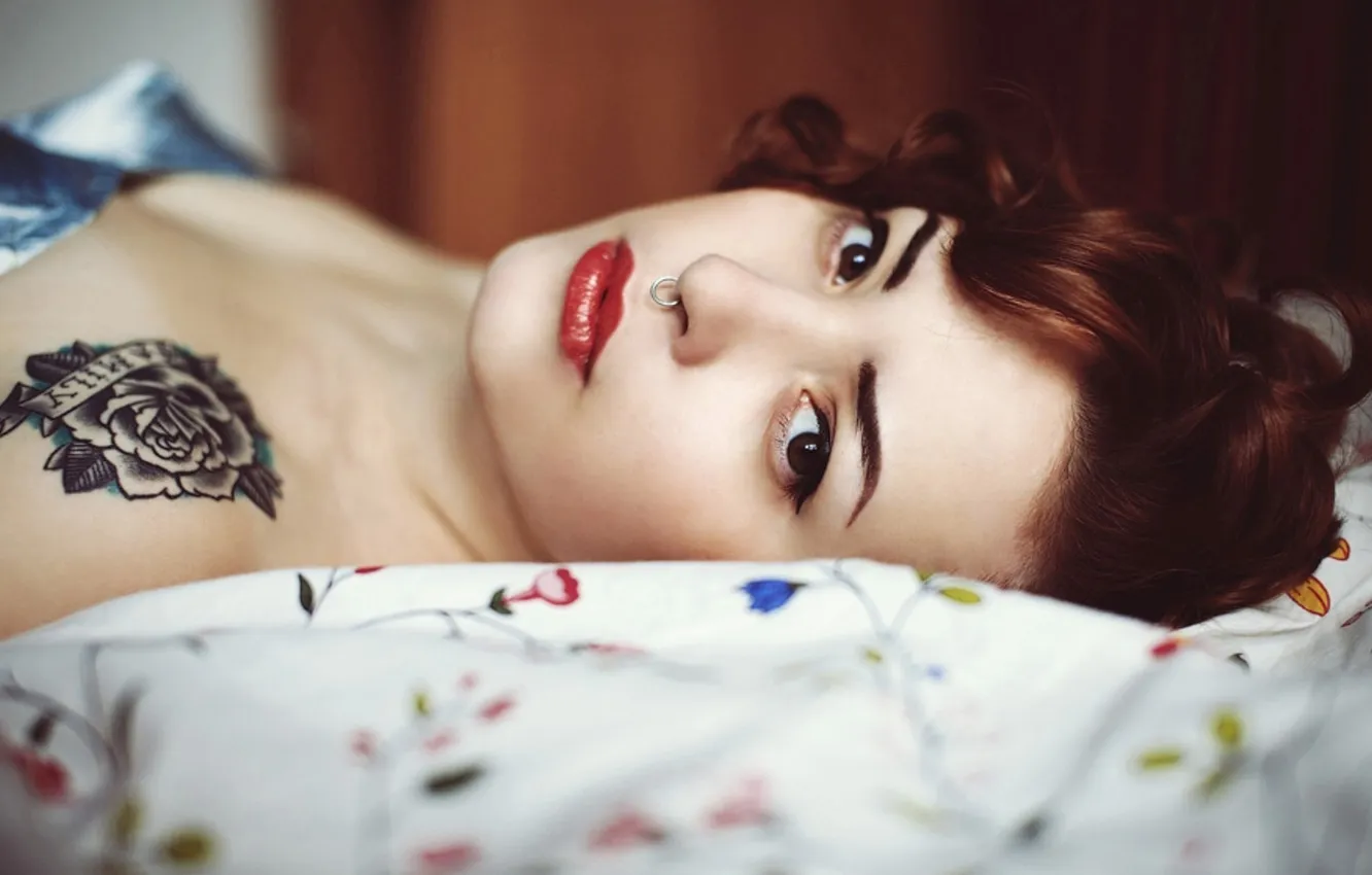 Photo wallpaper girl, roses, piercing, tattoo, tattoo