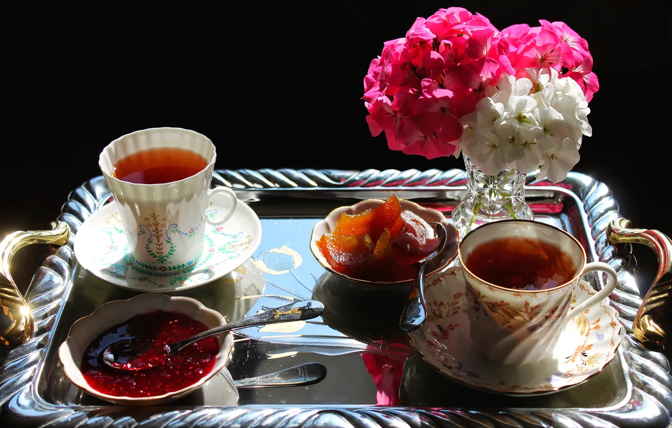 Photo wallpaper flowers, tea, bouquet, Cup, vase, still life, jam, set