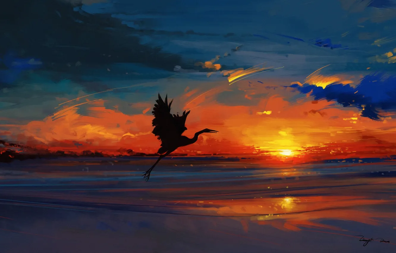 Photo wallpaper sky, sea, landscape, nature, bird, sunset, water, art
