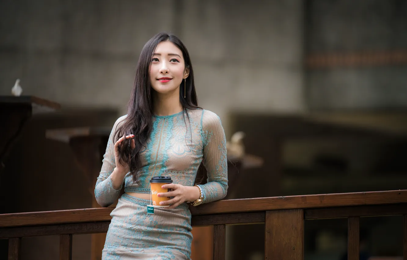 Photo wallpaper girl, tea, sweetheart, hair, Asian, bokeh