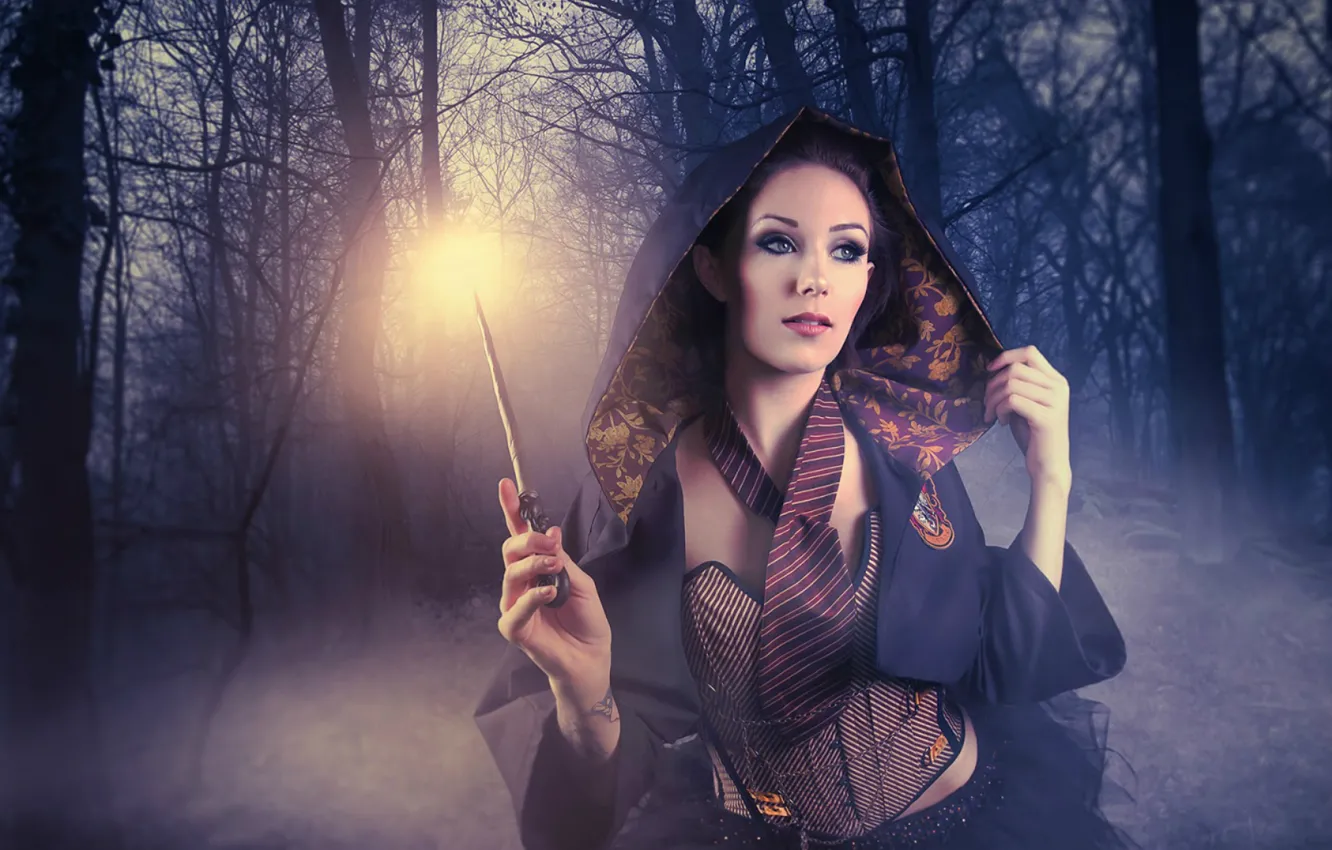 Photo wallpaper C0NN0R, forest, fog, Connor, night, girl