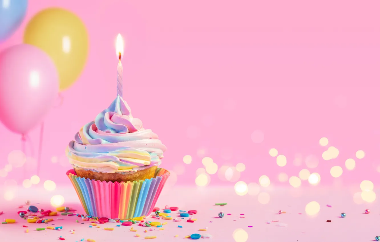 Photo wallpaper birthday, colorful, cake, celebration, candle, candle, Happy, cupcakes