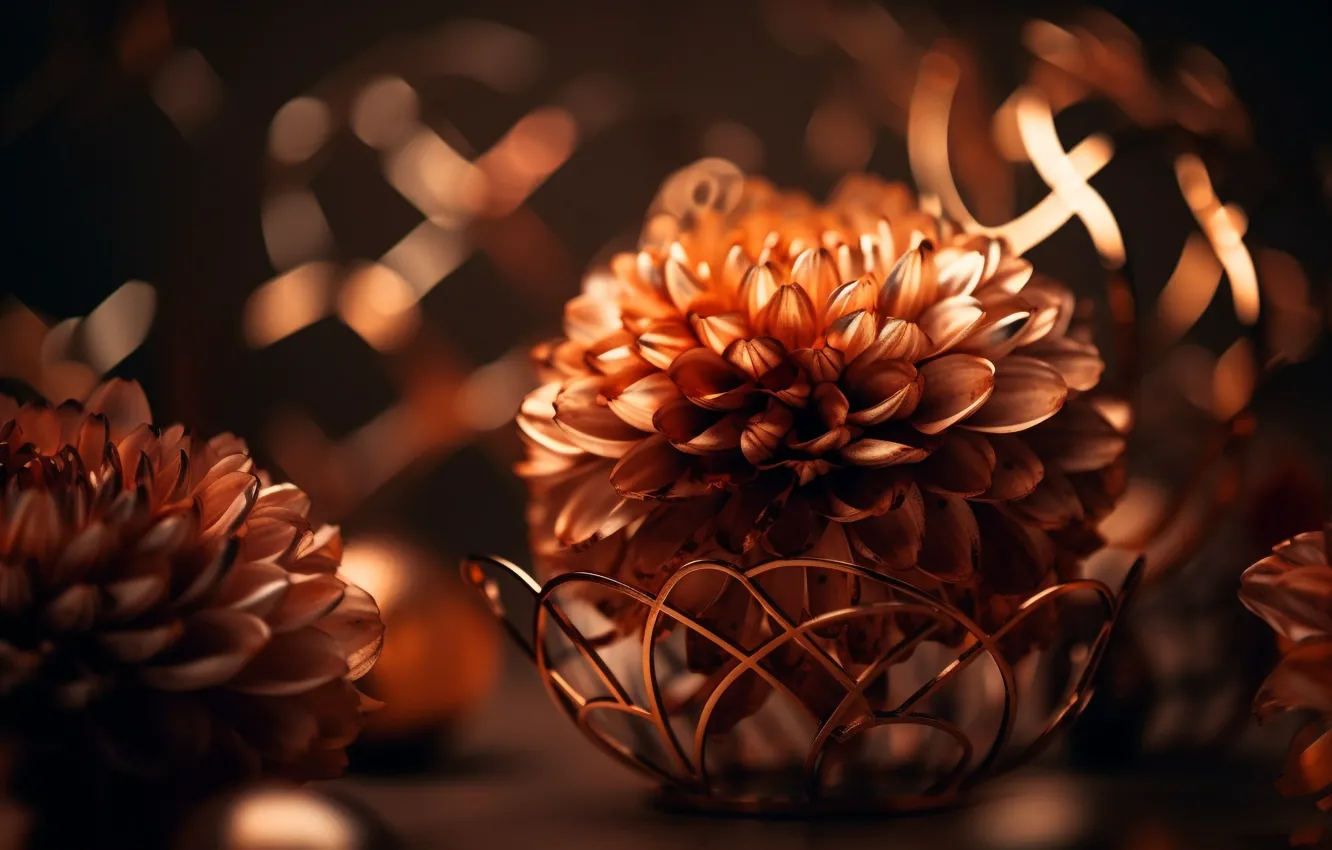 Photo wallpaper light, flowers, orange, bokeh, composition, vase, dahlias, digital art