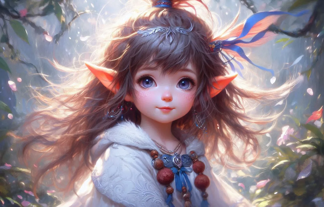 Photo wallpaper look, nature, girl, elf, dwarf, AI art, neural network