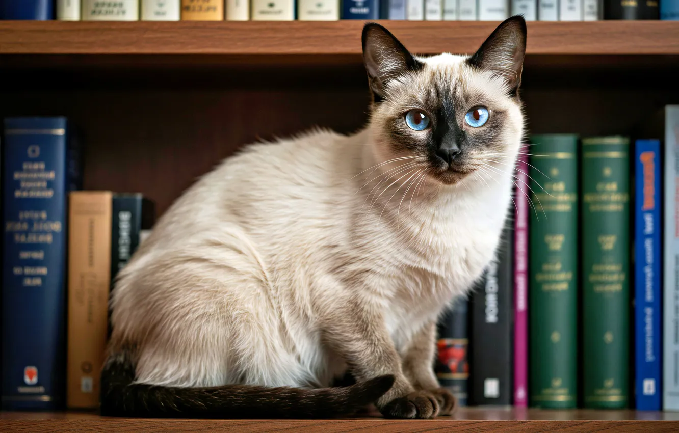 Photo wallpaper cat, cat, look, pose, book, library, blue eyes, face