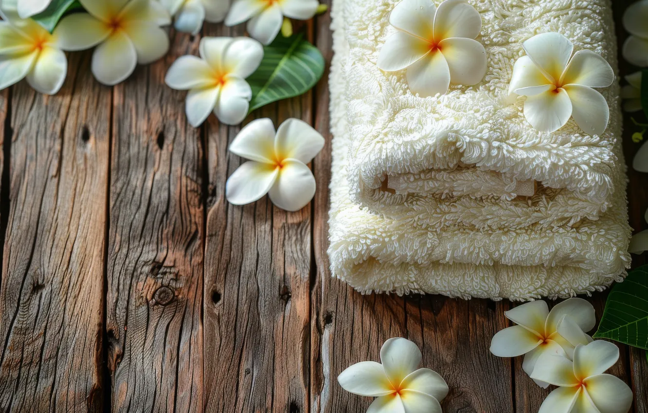 Photo wallpaper flowers, Board, towel, white, Spa, plumeria, frangipani, AI art