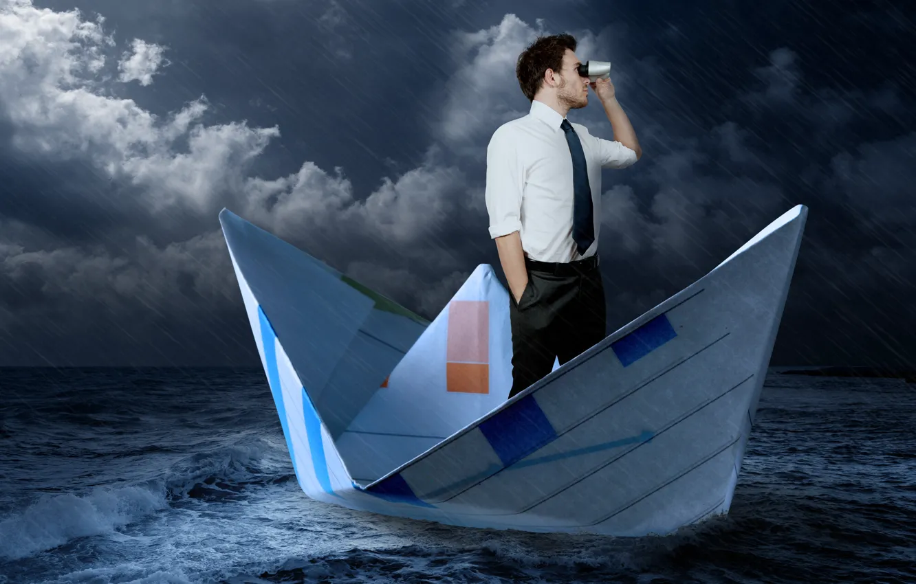 Photo wallpaper sea, storm, rain, tie, binoculars, male, shirt, boat