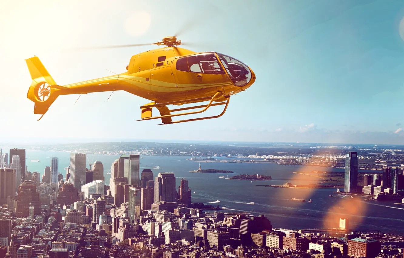 Photo wallpaper the sky, flight, landscape, yellow, the city, river, home, skyscrapers