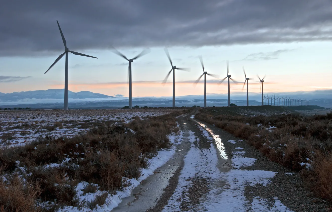 Photo wallpaper road, field, windmills