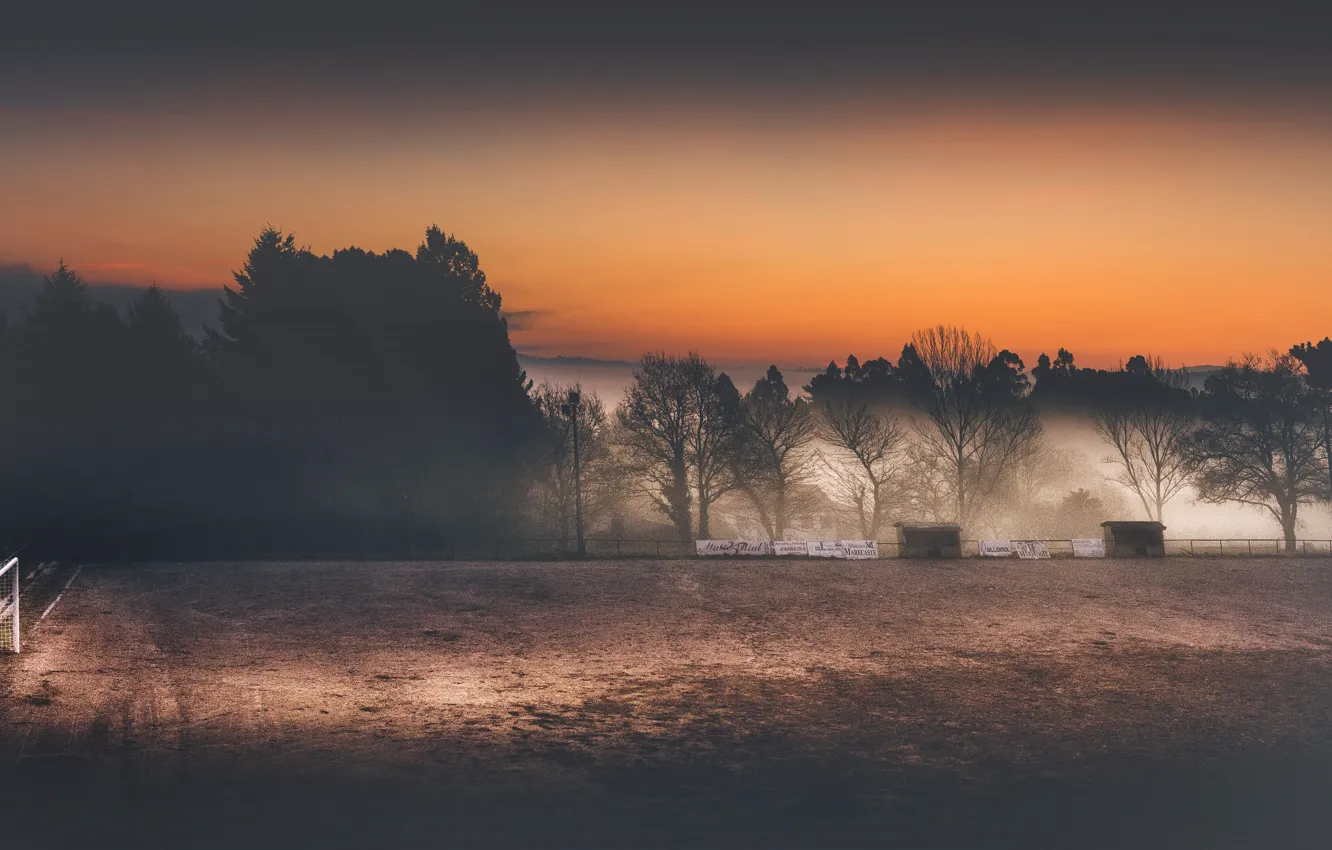 Photo wallpaper field, fog, football, gate