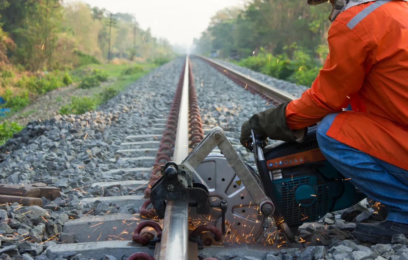 Photo wallpaper metal, rail, worker, metallurgy, Railroad tracks
