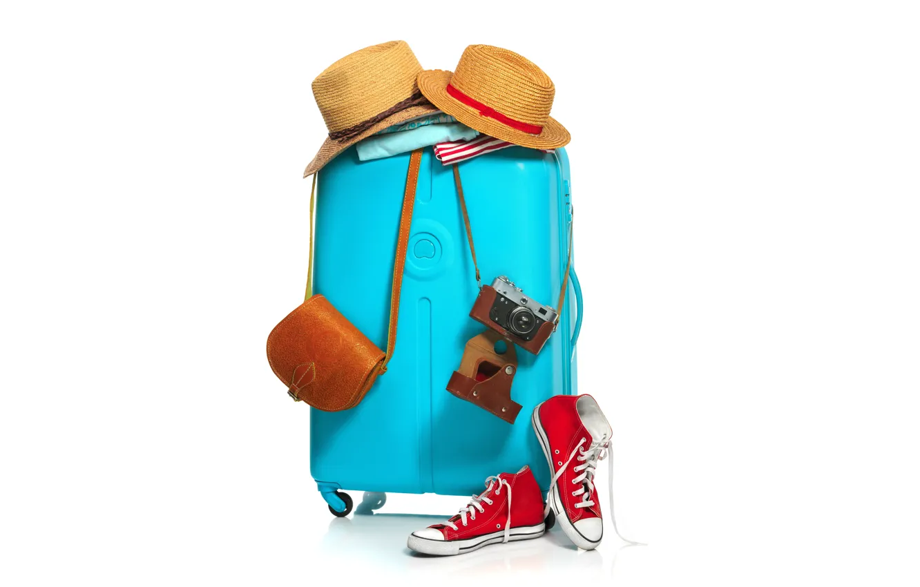 Photo wallpaper sneakers, hat, the camera, suitcase, journey
