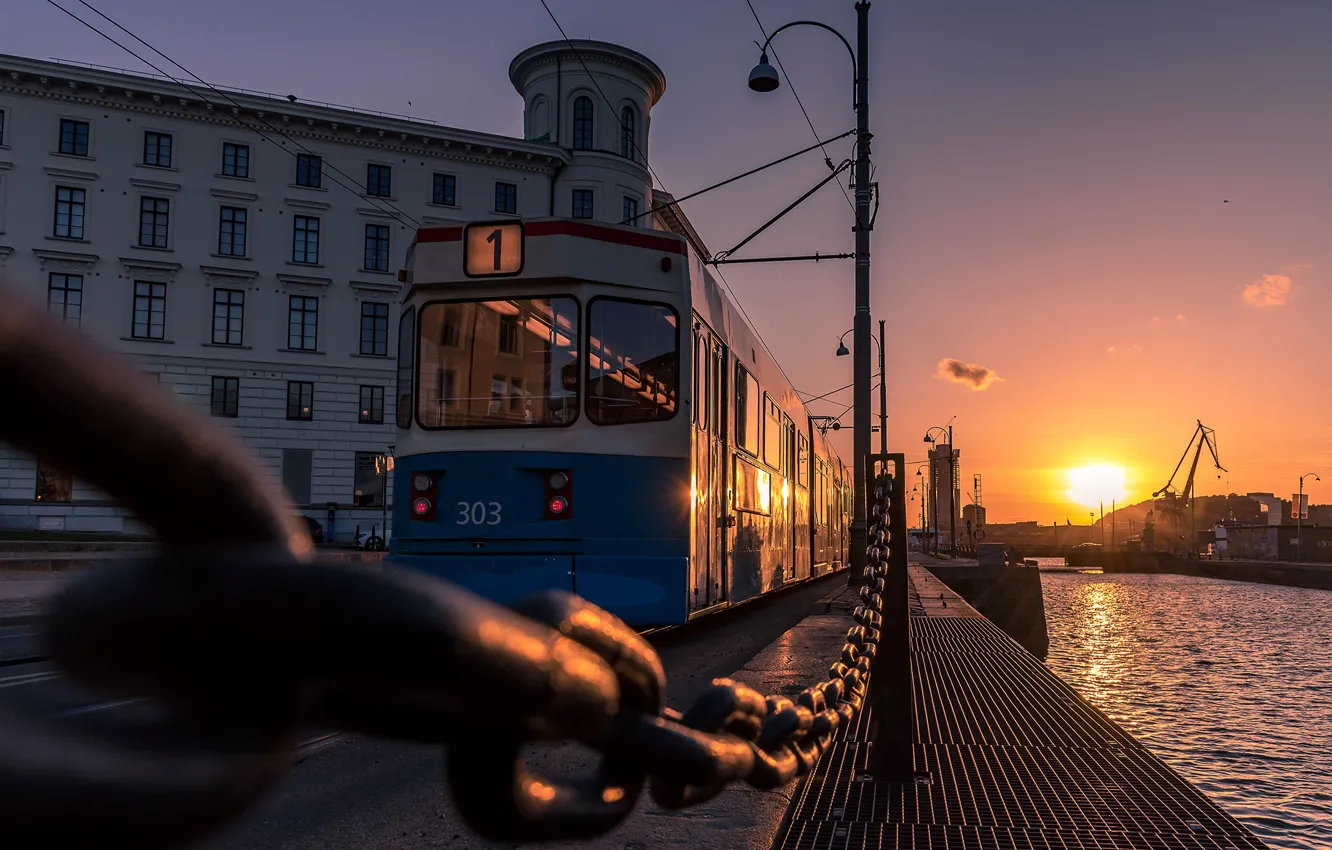 Photo wallpaper sunset, the building, the evening, chain, channel, tram, Sweden