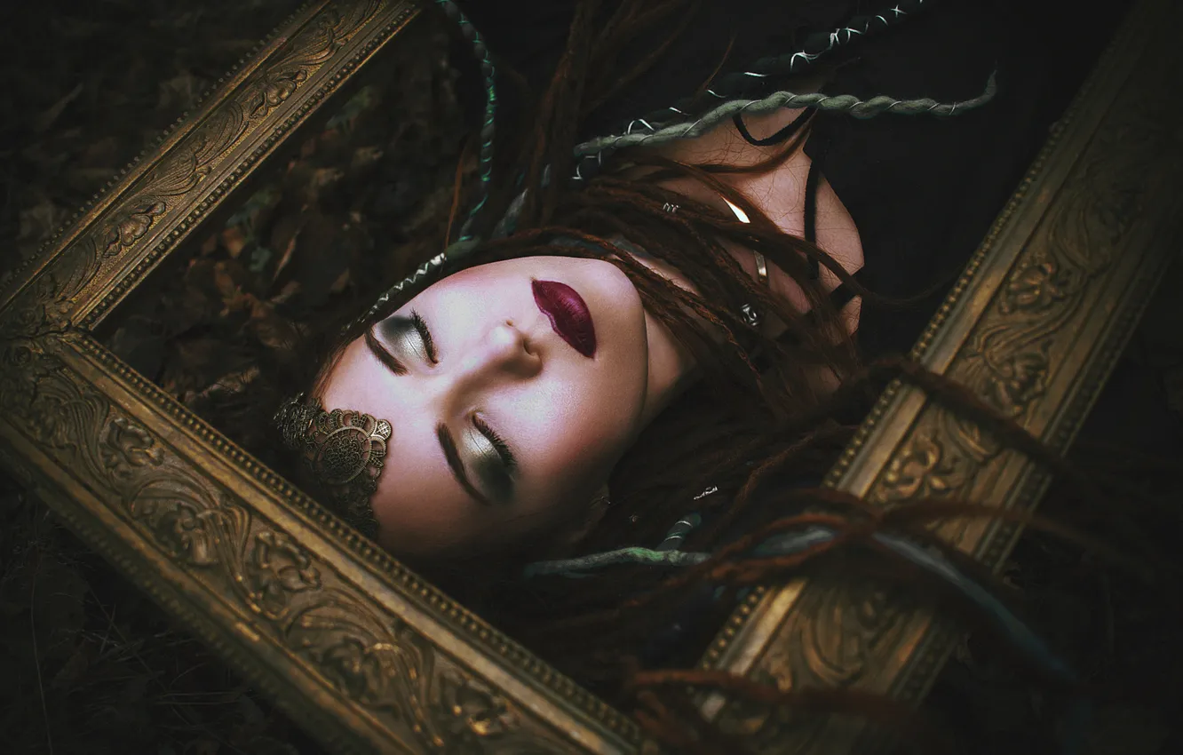 Photo wallpaper girl, style, the dark background, frame, sleep, makeup, fantasy, sleeping