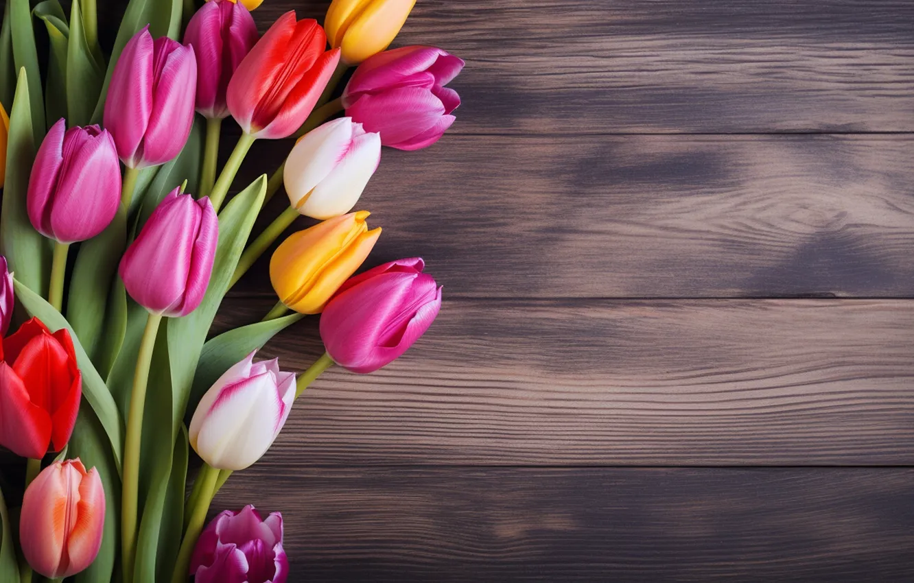 Photo wallpaper flowers, bouquet, colorful, tulips, wood, flowers, tulips, spring