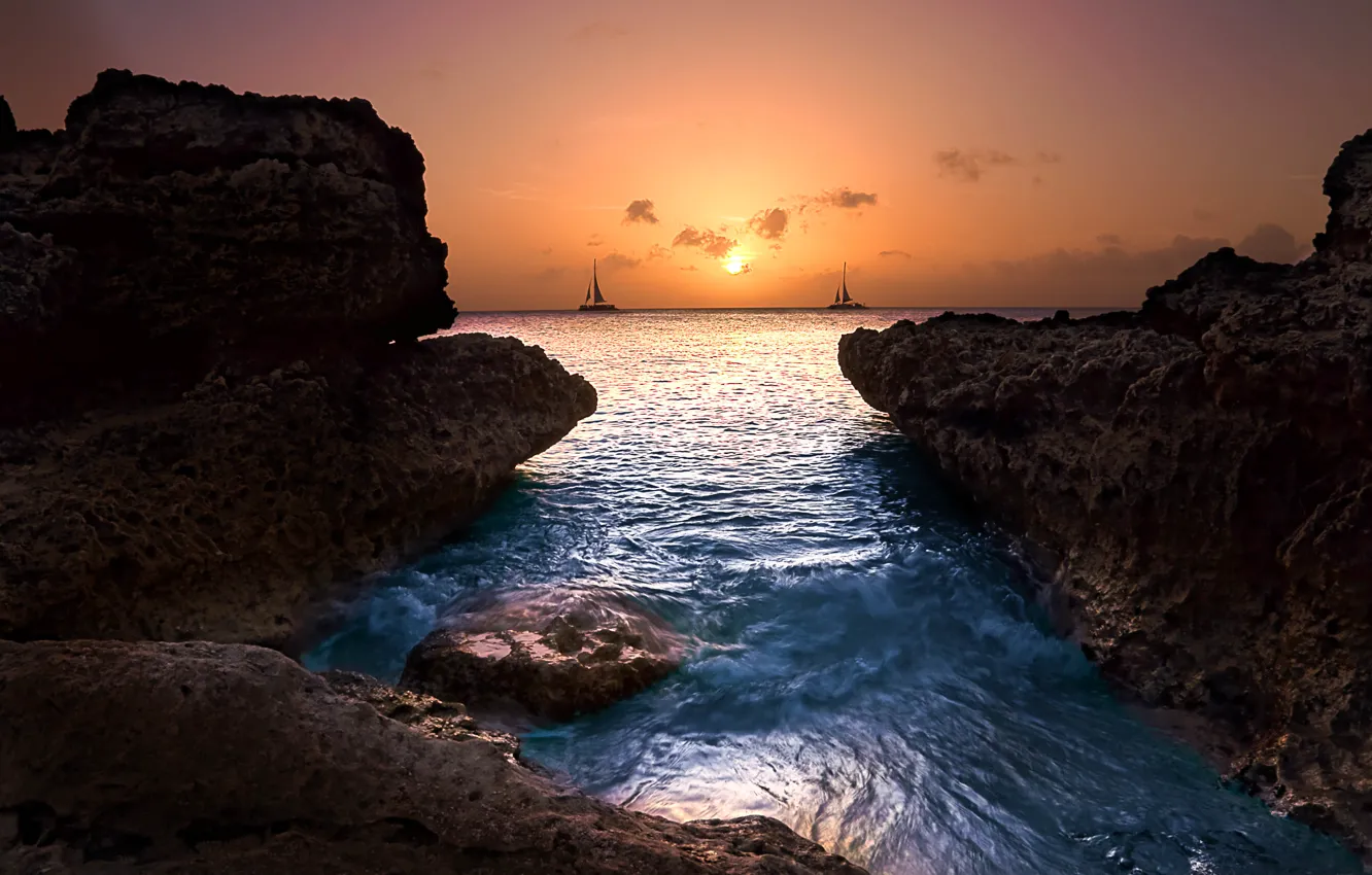 Photo wallpaper sunset, the ocean, rocks, yacht, Washington
