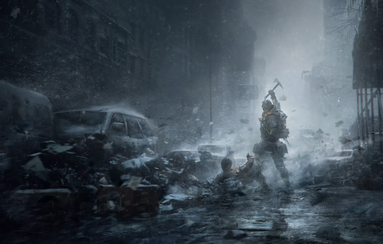Photo wallpaper Winter, Game, Snow, The building, Soldiers, Weapons, Ubisoft, Game
