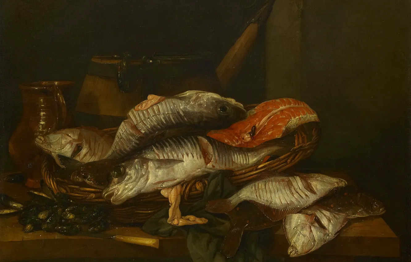 Photo wallpaper oil, picture, canvas, Still life with Fish, 1670, Abraham van Beyeren, Abraham van Beyeren
