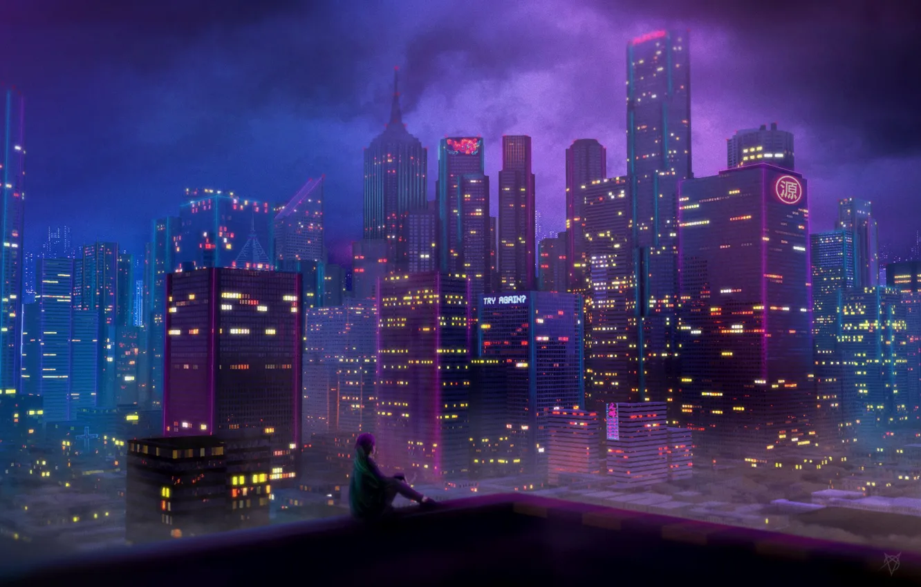 Photo wallpaper Girl, Night, The city, Skyscrapers, 80s, Neon, 80's, Synth