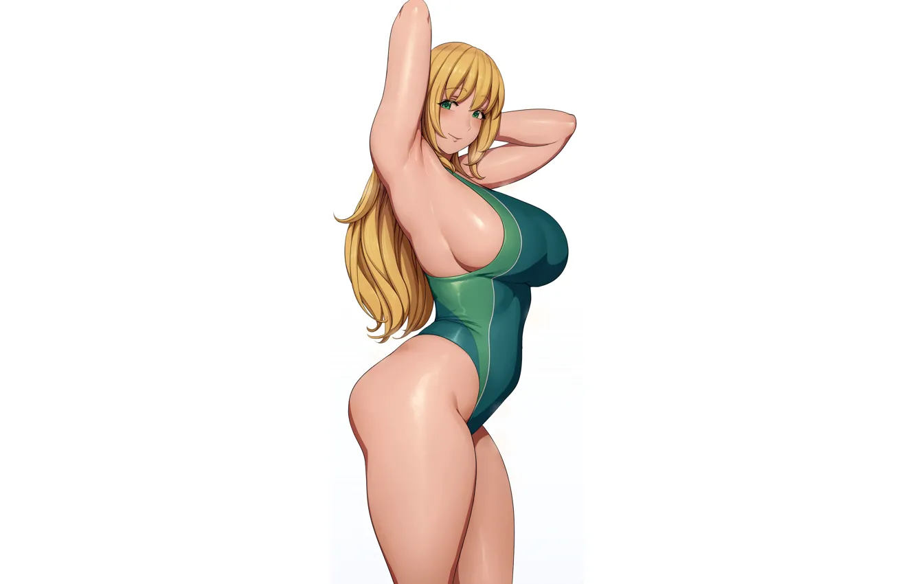 Photo wallpaper girl, sexy, cleavage, green eyes, long hair, boobs, anime, beautiful