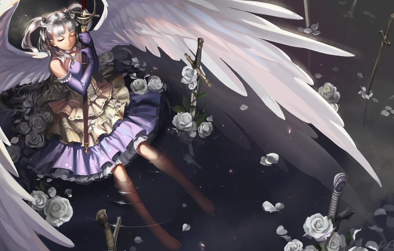 Photo wallpaper water, girl, flowers, weapons, wings, angel, sword, dress