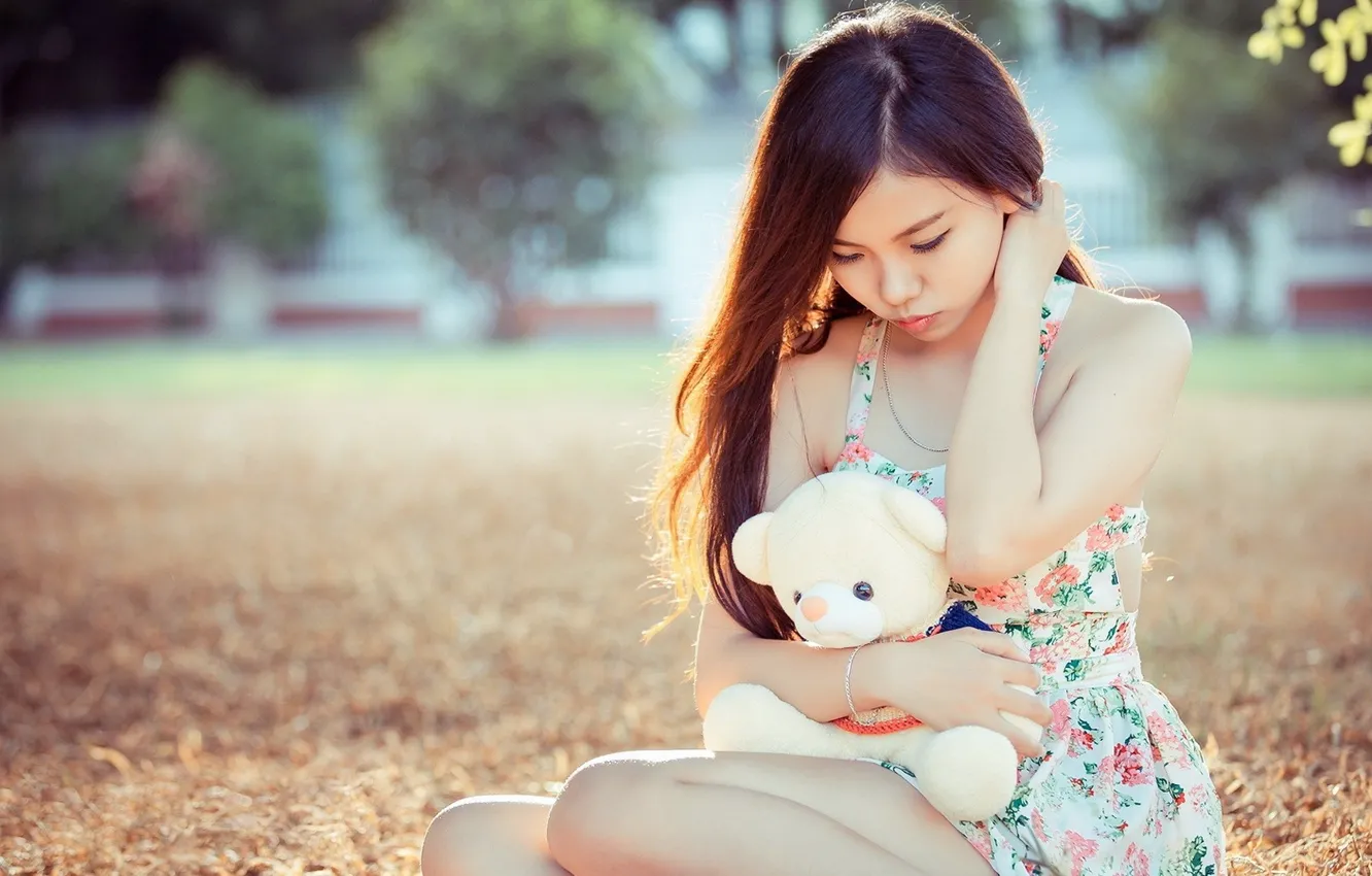 Photo wallpaper toy, Asian, gesture, toy, asian, teddy bear, Teddy bear, cute girl