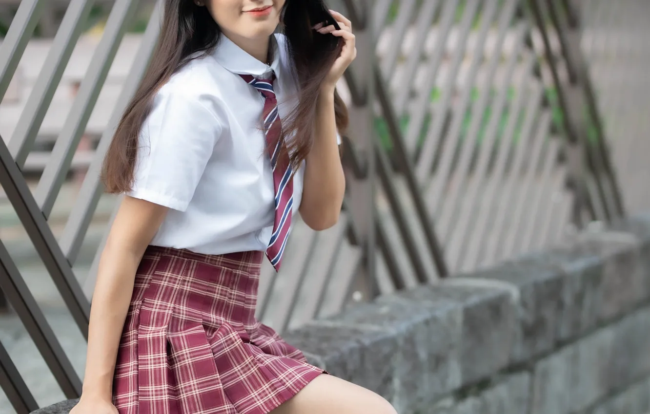 Photo wallpaper Smile, Asian, Schoolgirl, Brunette, Feet, Skirt, Blouse, Tie