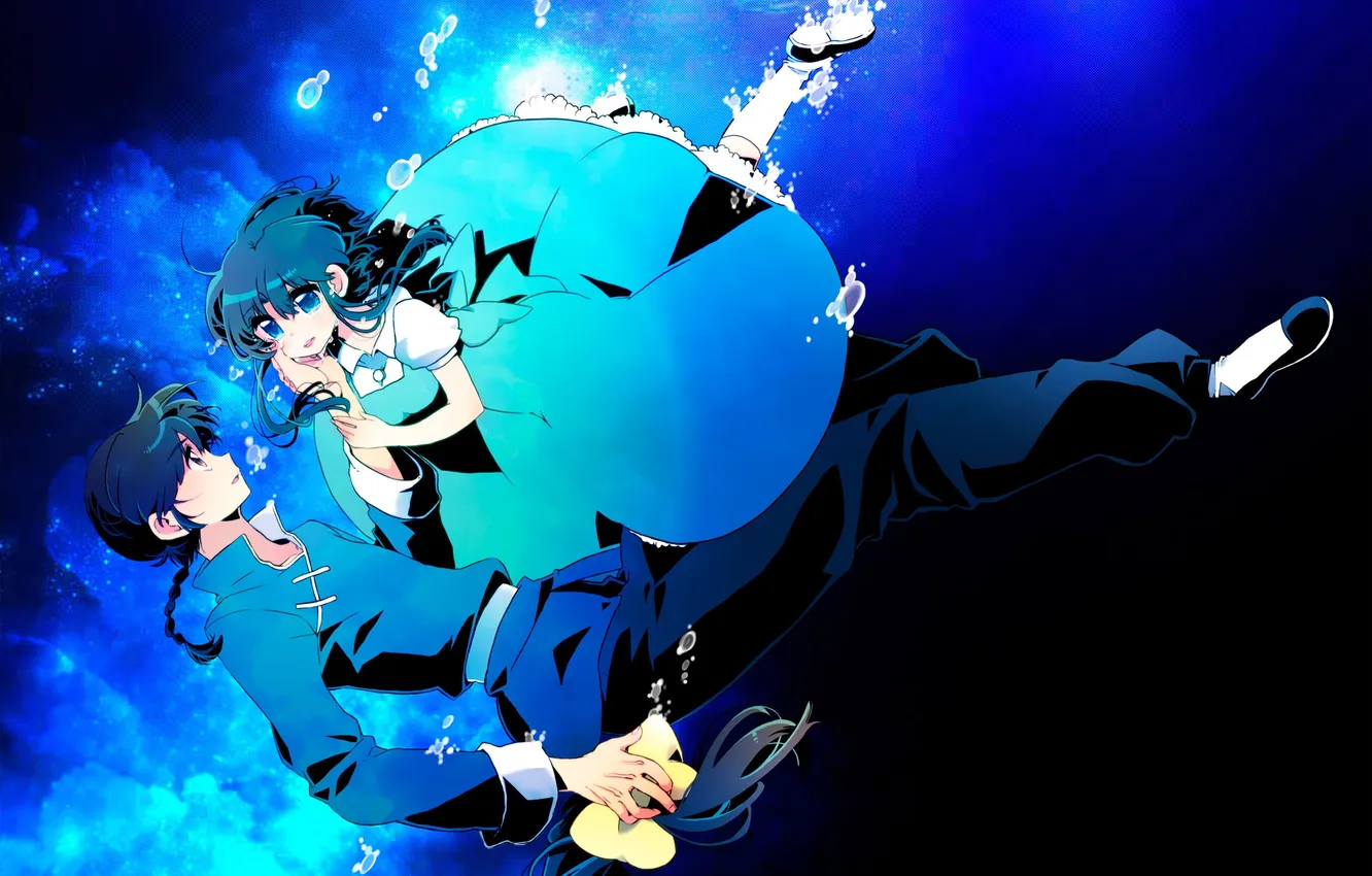 Photo wallpaper girl, bubbles, anime, mask, drop, art, guy, under water