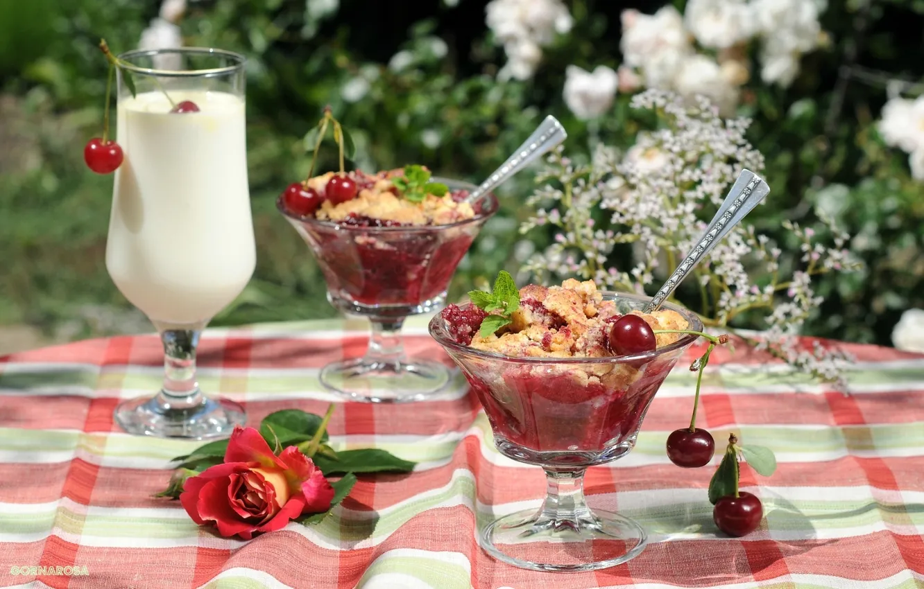 Photo wallpaper summer, cherry, glass, roses, milk, dessert, crumble