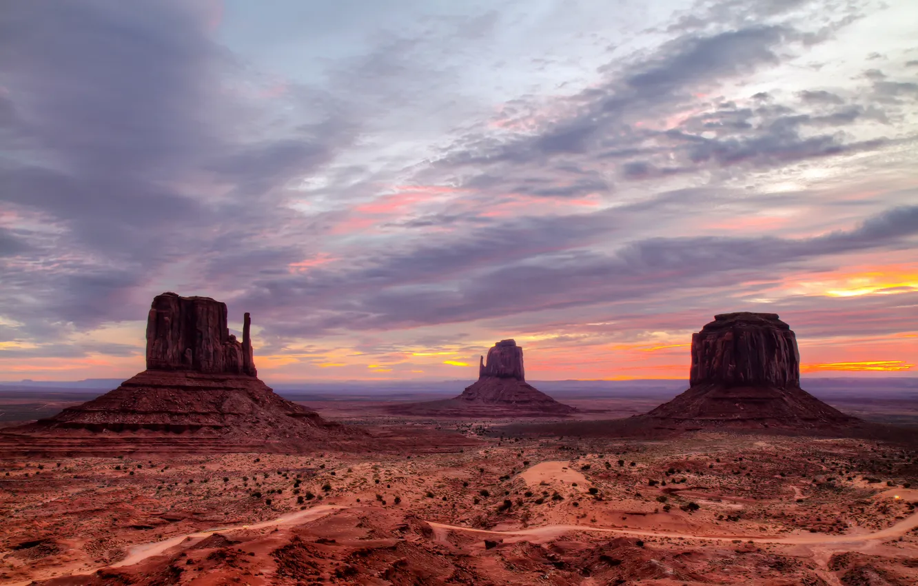 Photo wallpaper the sky, sunset, desert, USA, Monument valley