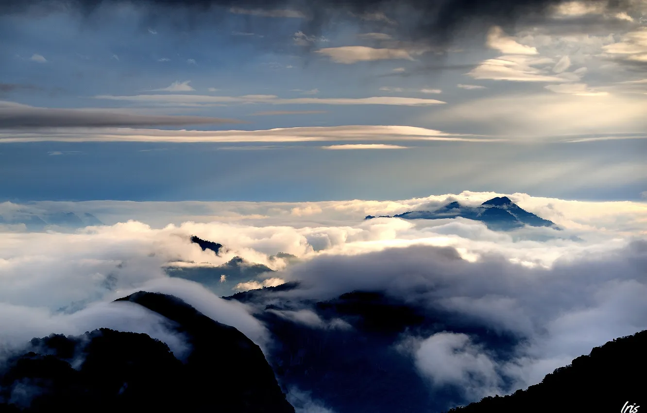 Photo wallpaper clouds, mountains, tops, height