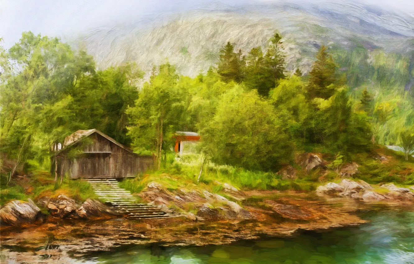Photo wallpaper trees, landscape, mountains, lake, figure, picture, house