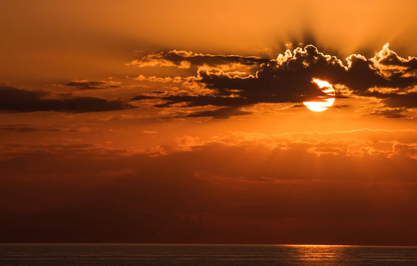 Photo wallpaper sea, the sky, the sun, clouds, sunset