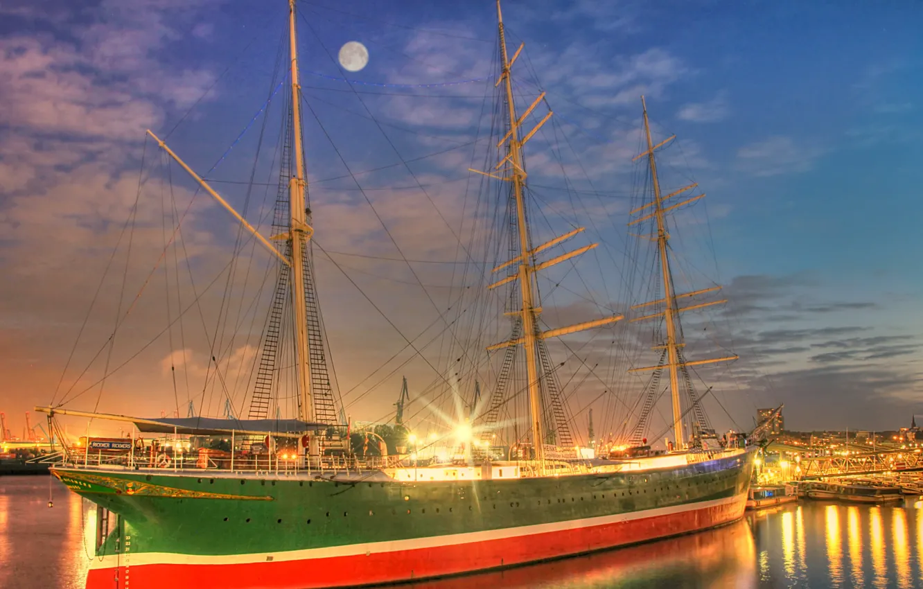 Photo wallpaper night, Hamburg, bark, Rickmer Rickmers