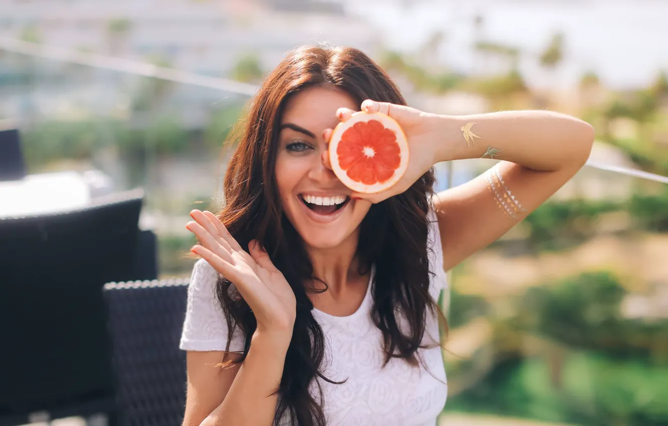 Photo wallpaper girl, smile, figure, Shine, laughter, teeth, Mike, brunette