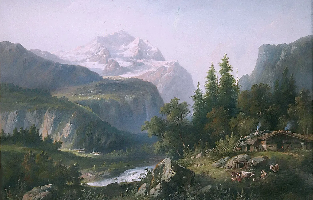 Photo wallpaper trees, mountains, home, picture, river, Austrian landscape painter, Edward Boehm, Eduard Boehm