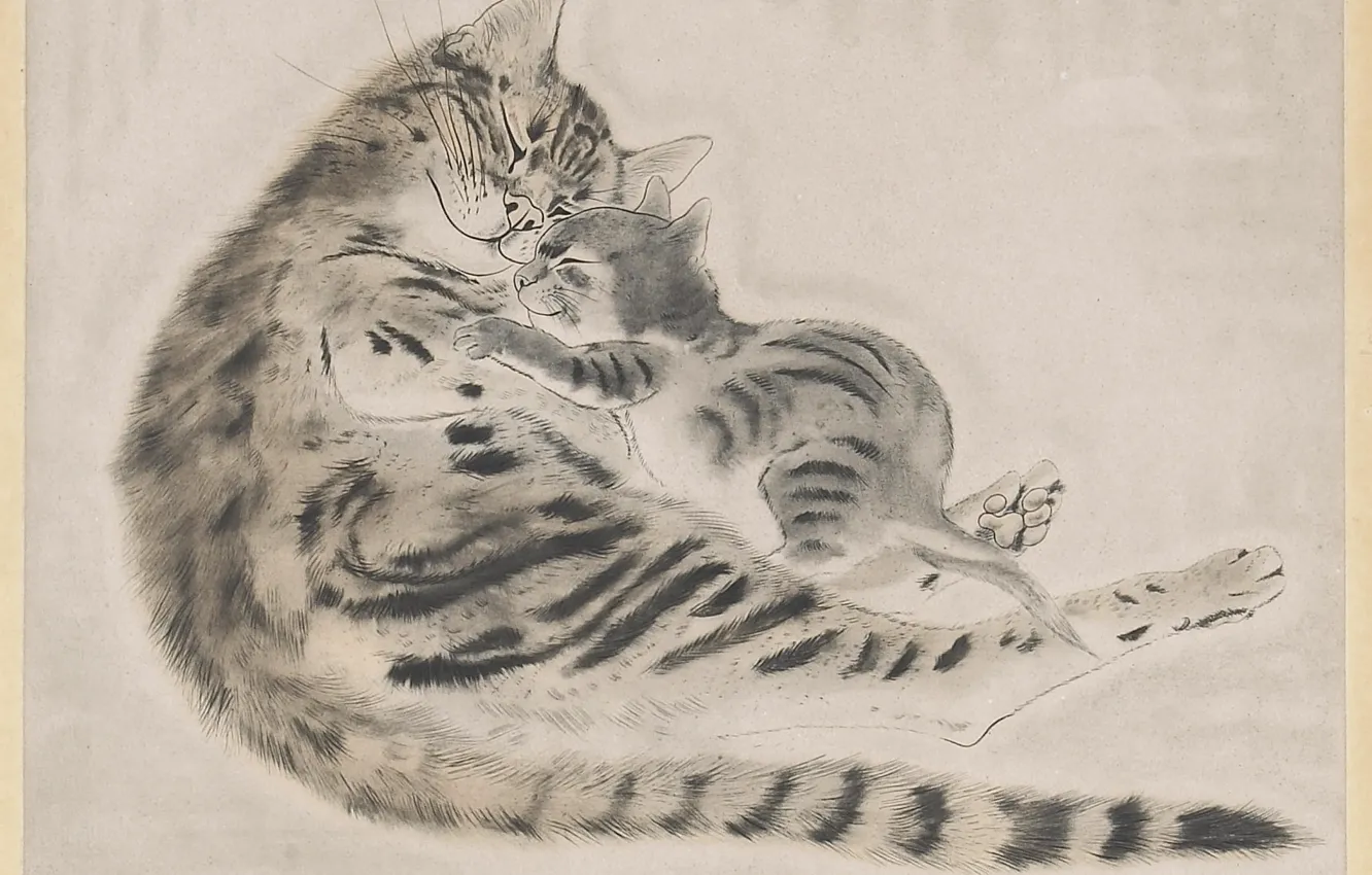 Photo wallpaper kindness, tenderness, 1929, Tsuguharu, Fujita, etching and aquatint in color, Cat and kitten
