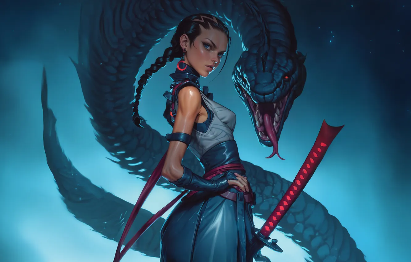 Photo wallpaper katana, girl, AI Art, Snake, AI Generated