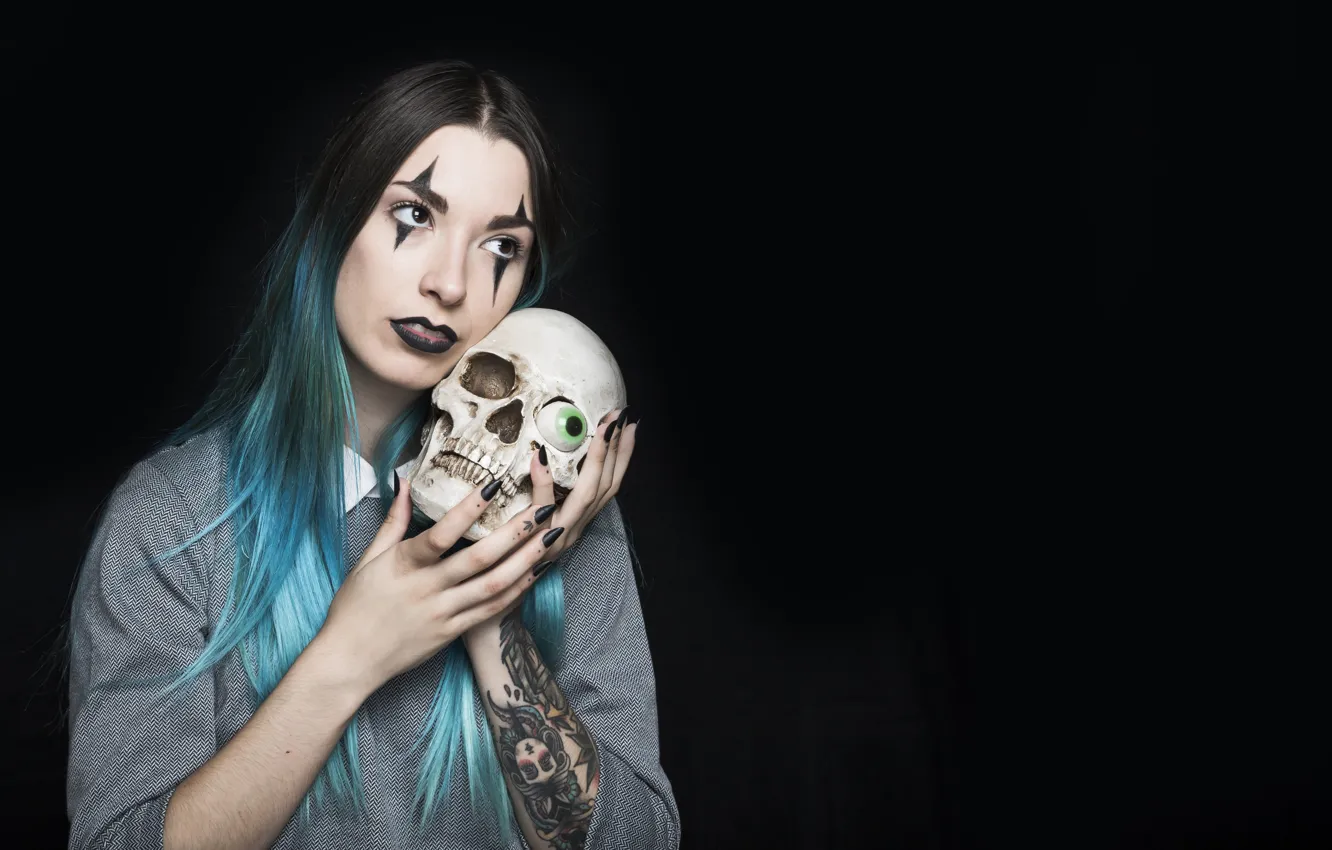 Photo wallpaper girl, eyes, skull, tattoo, Halloween, tattoo